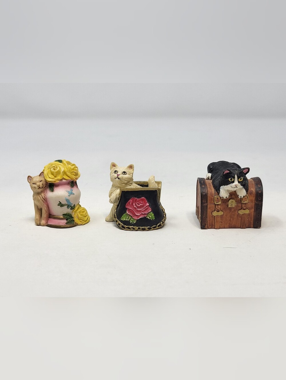 Lennox Miniature Victorian Cat Thimbles Kitty Flowers Purse Black White set of 3